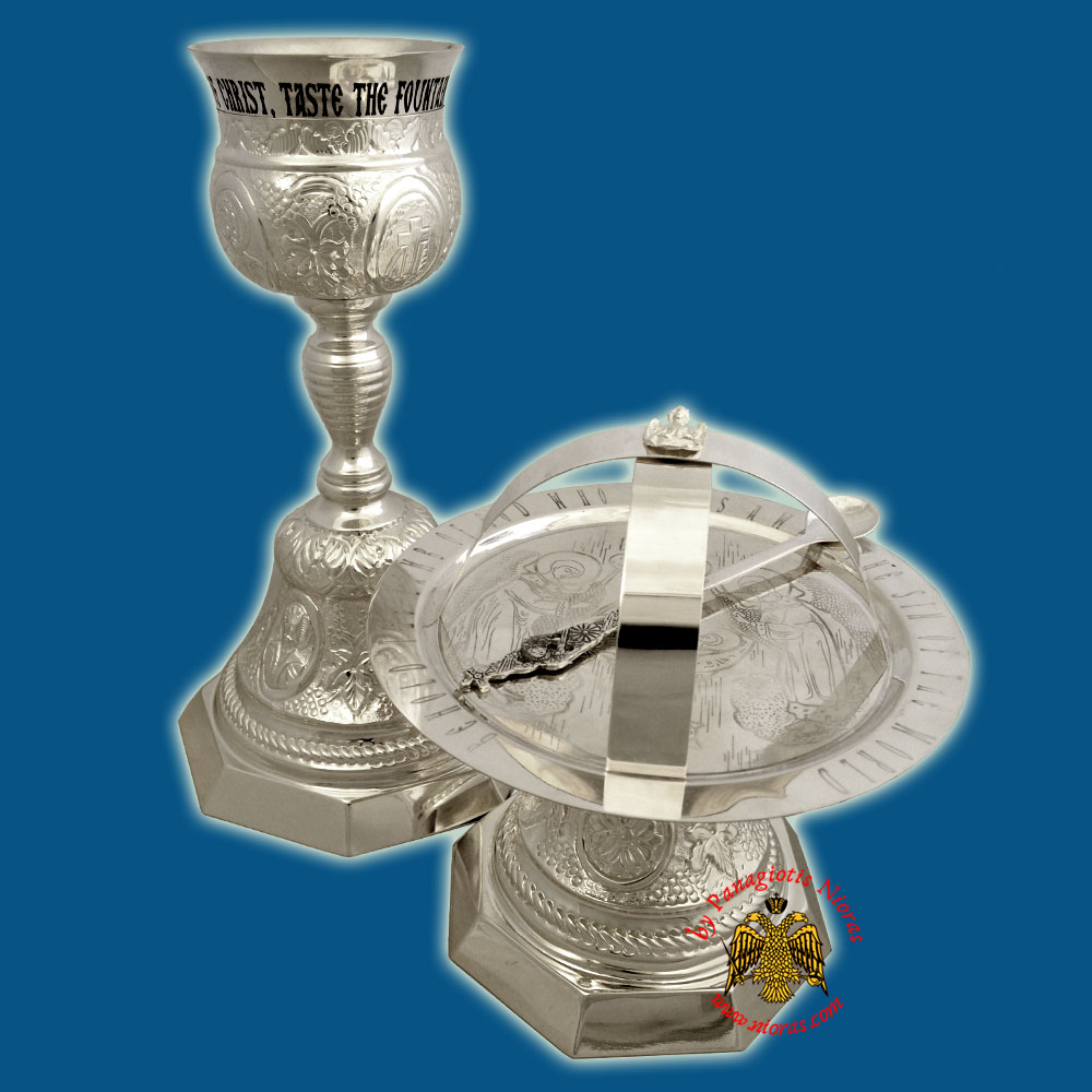 Chalice Set Russian Style Hexagon Base with Evangelists Figures Silver 925 Made in Greece